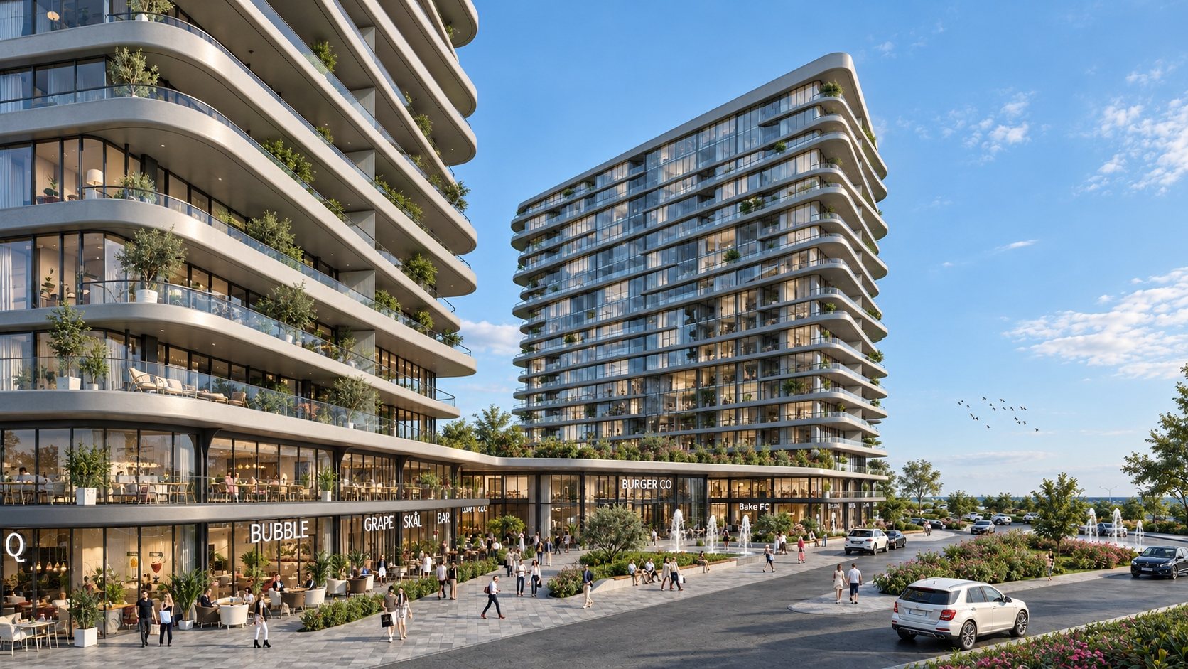 Residential towers along a landscaped street