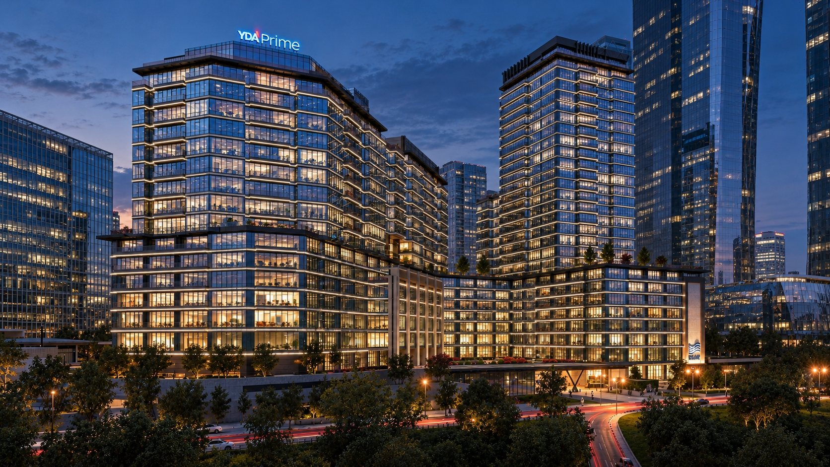 Glazed office complex at blue hour