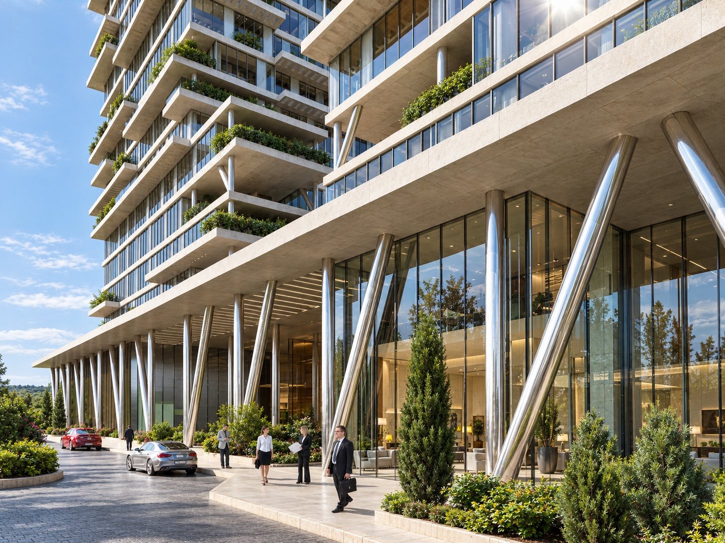 Residential tower entrance and structural columns