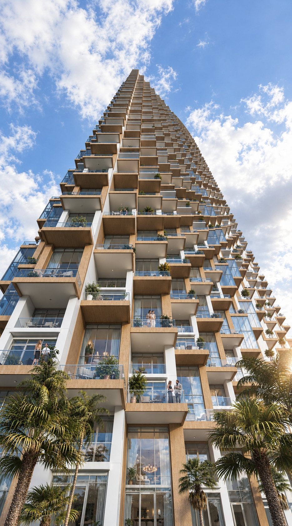 Upward view of stacked planted balconies