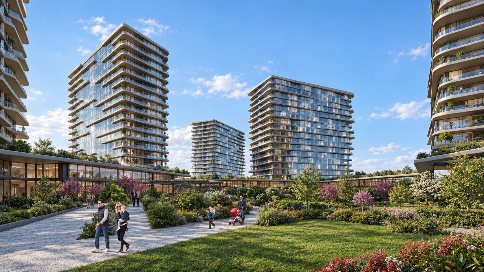 Apartment buildings around landscaped gardens