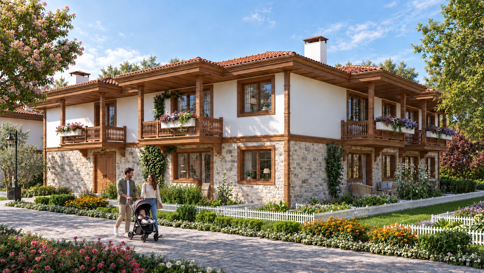 Timber and white villa in a planted garden