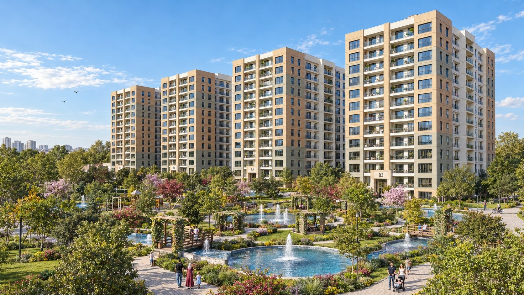 Apartment buildings and garden fountains
