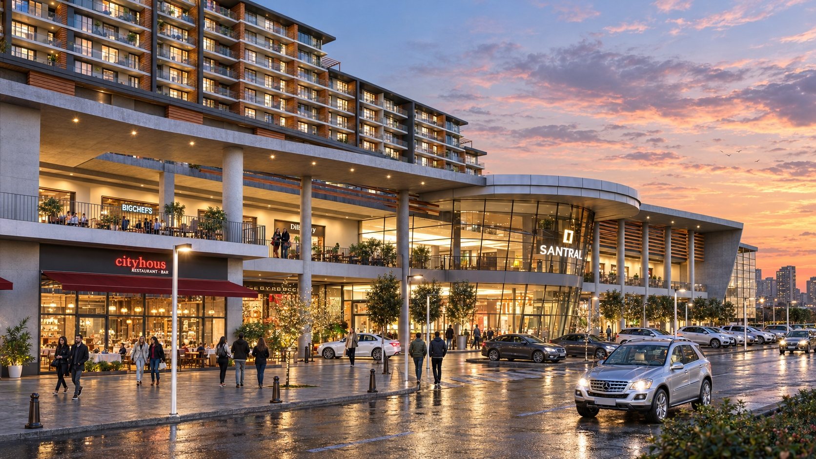 Retail terraces beneath an illuminated tower