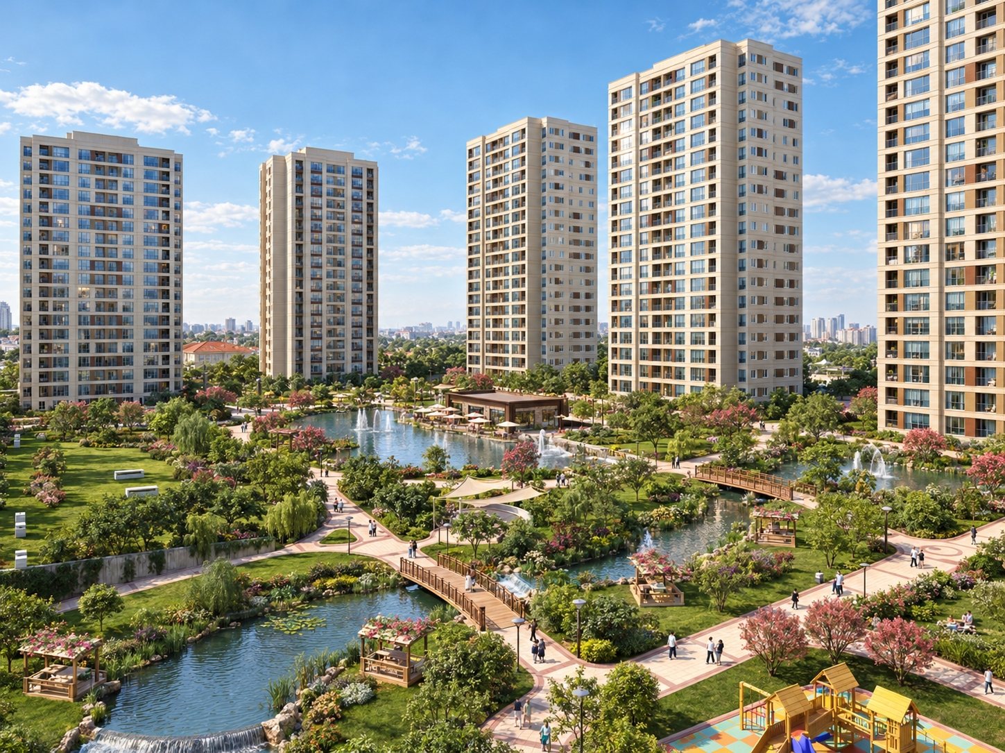 Aerial view of landscaped apartment courtyards