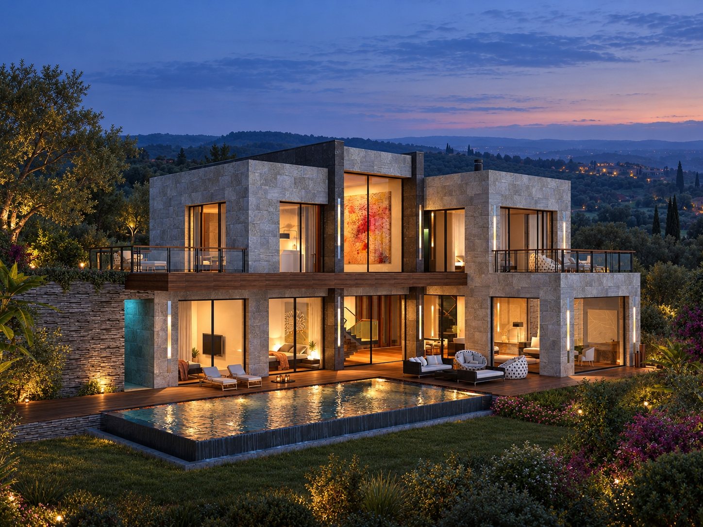 Glazed garden villa at dusk