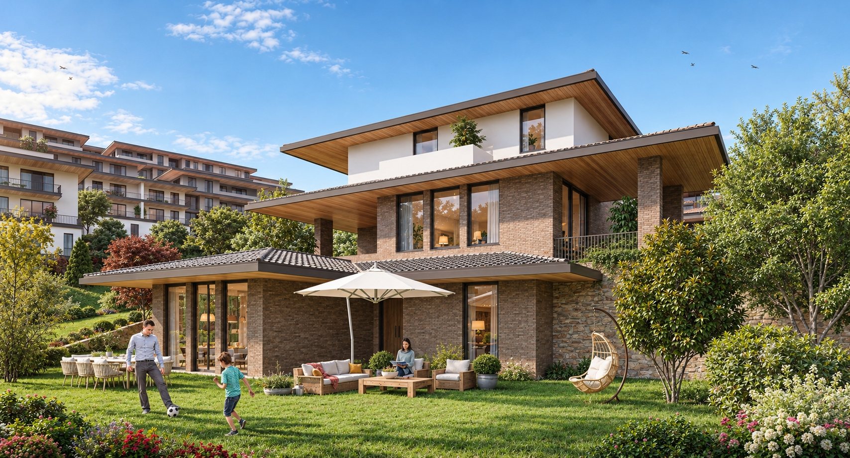 Modern villa and garden seating