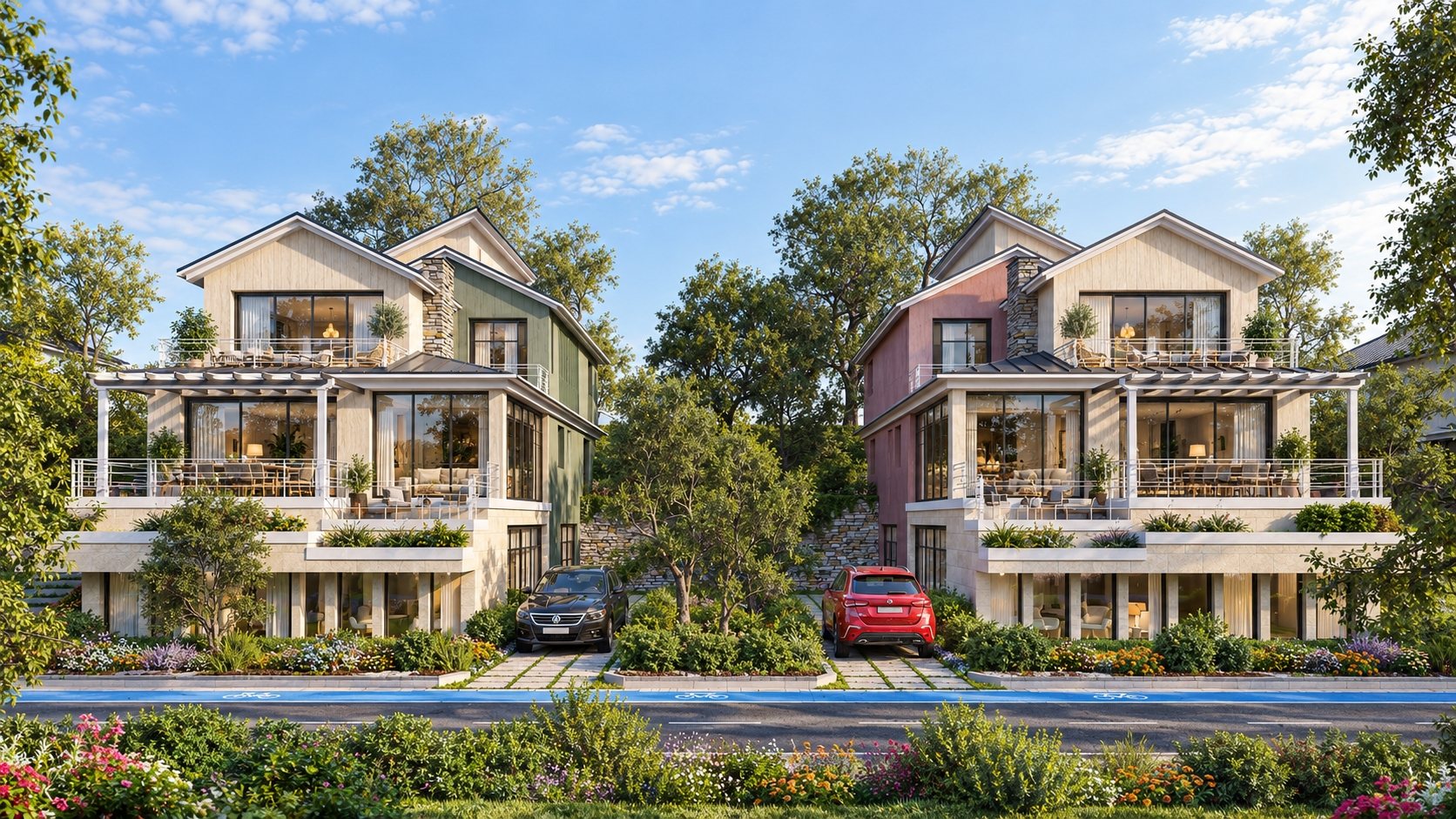 Gabled villas beside a residential road