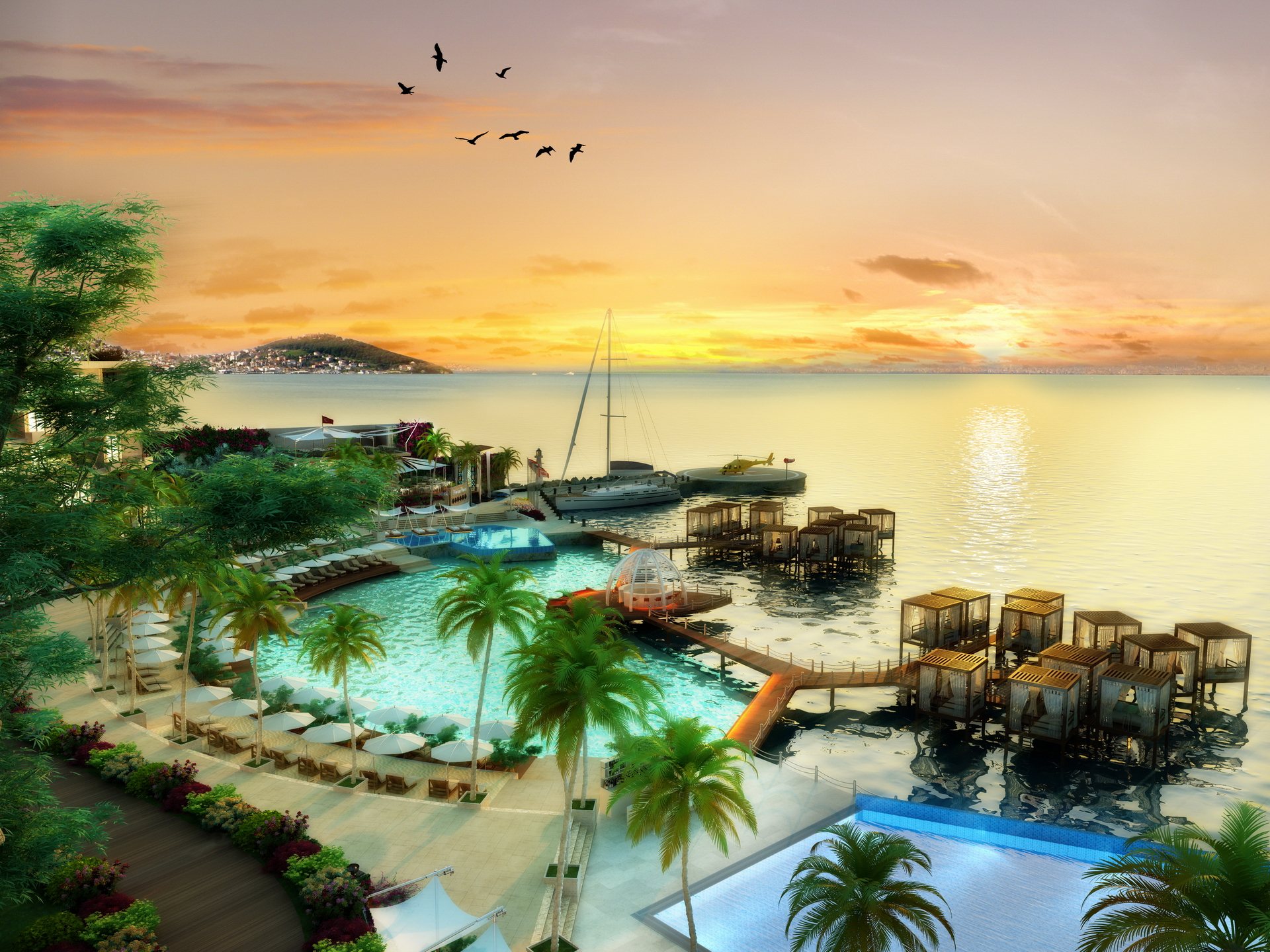 Coastal resort at sunset