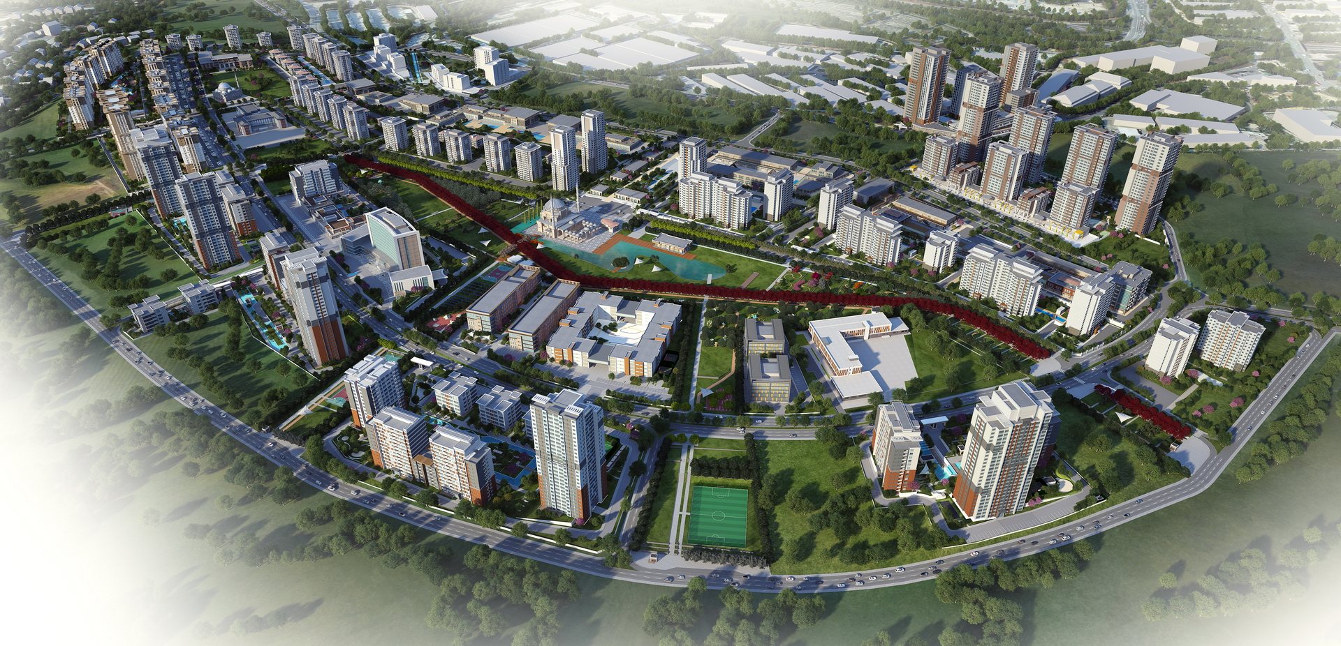 Aerial view of a landscaped residential masterplan