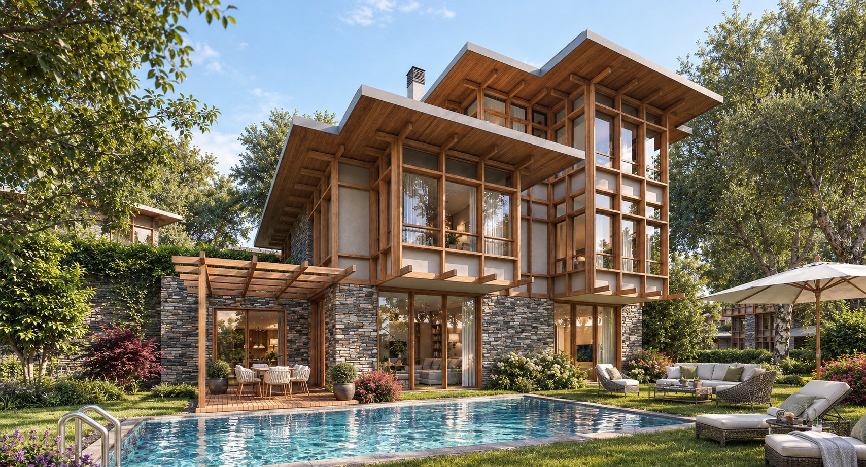 AVC architectural visualisation of a timber residence surrounded by trees beside a pool