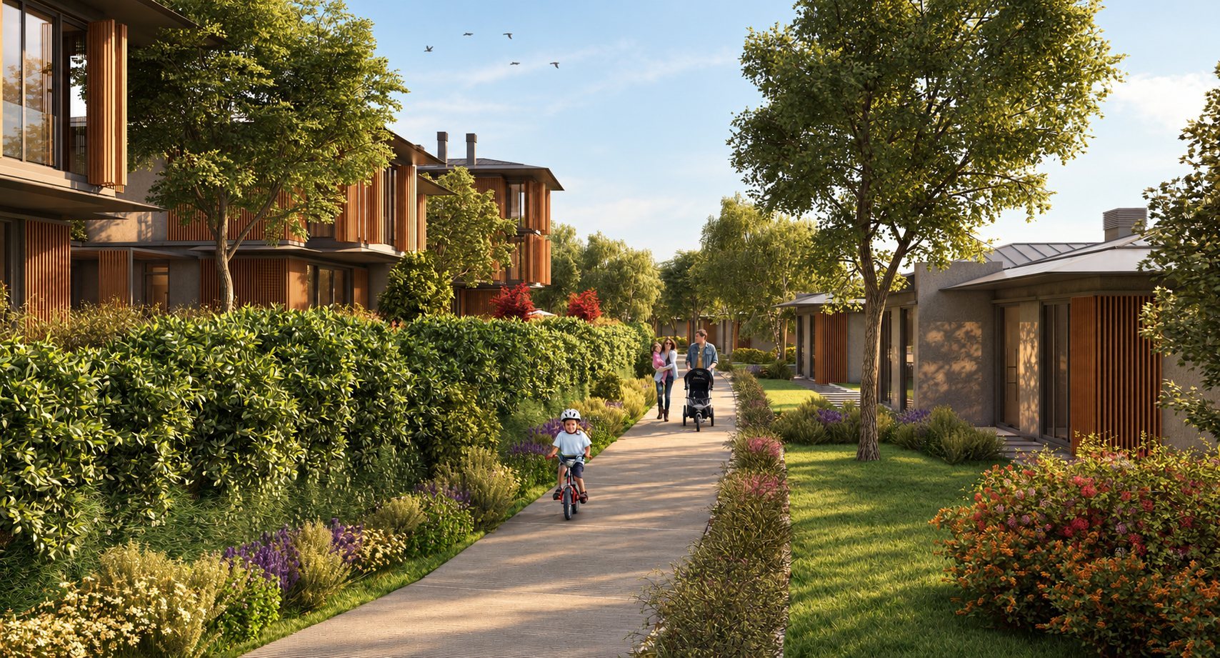 Pedestrian path through timber-clad residences