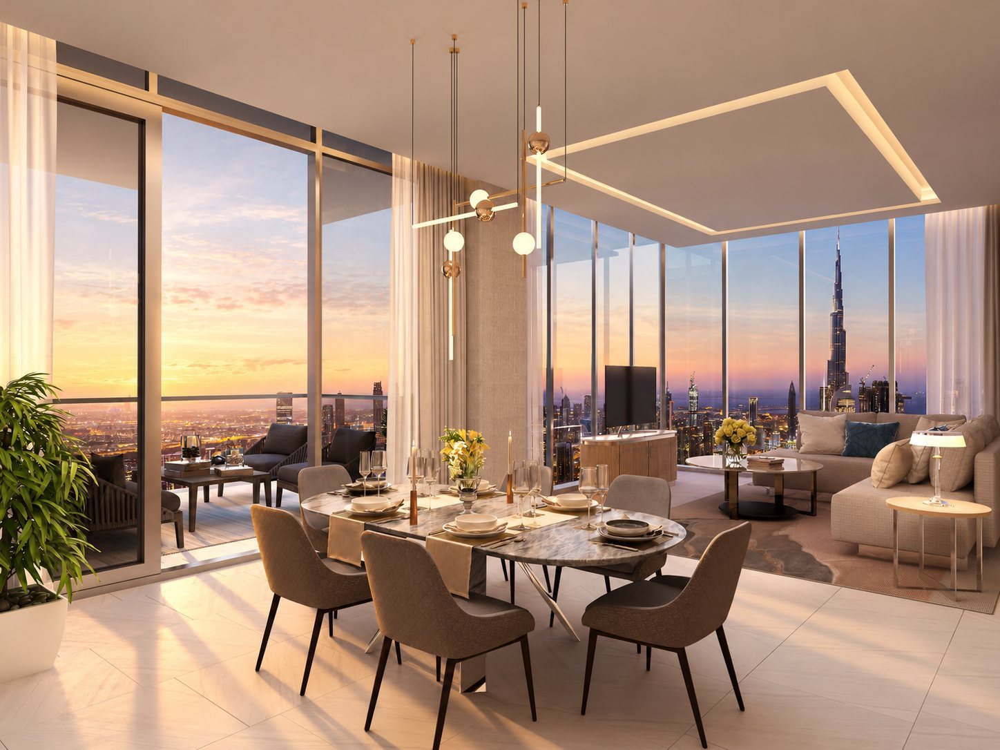 Dining and living space overlooking Dubai