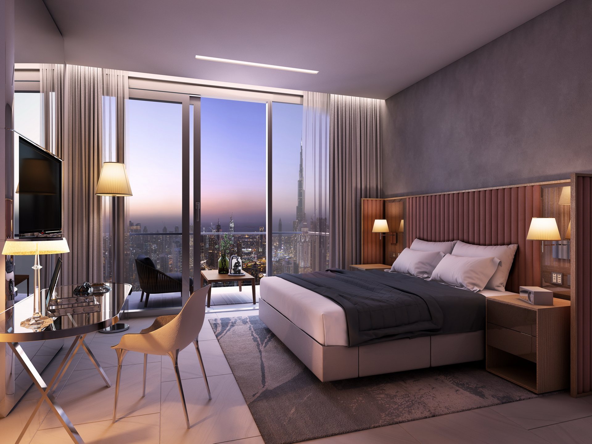 Bedroom with balcony and city view