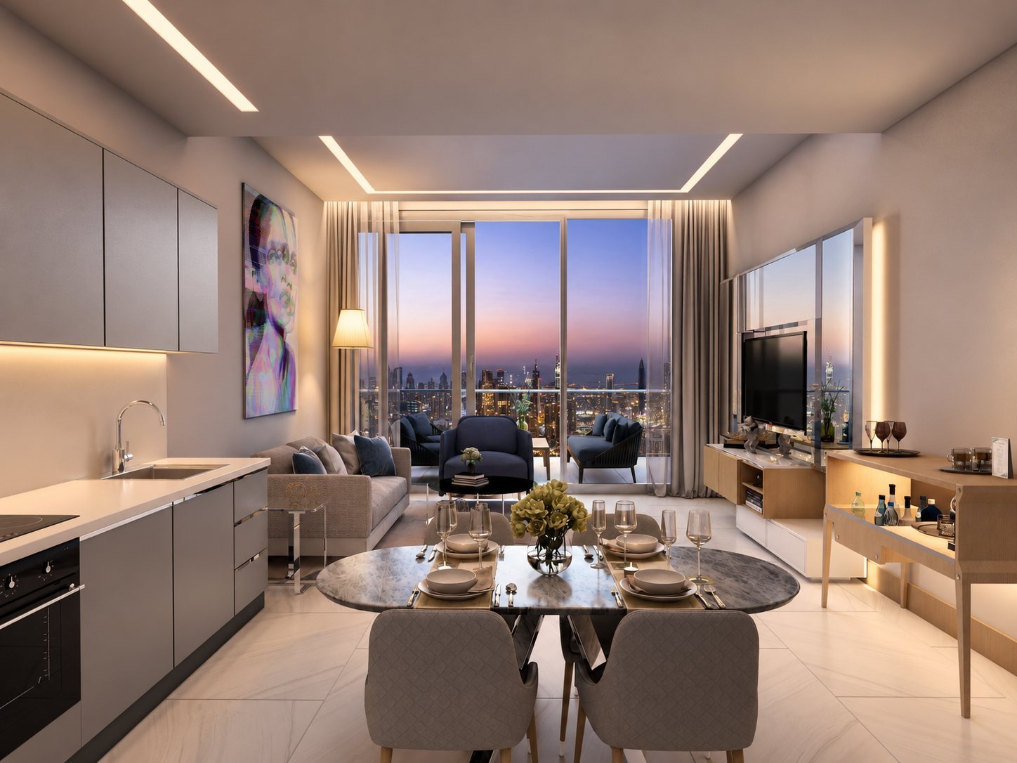 Living and dining interior at dusk