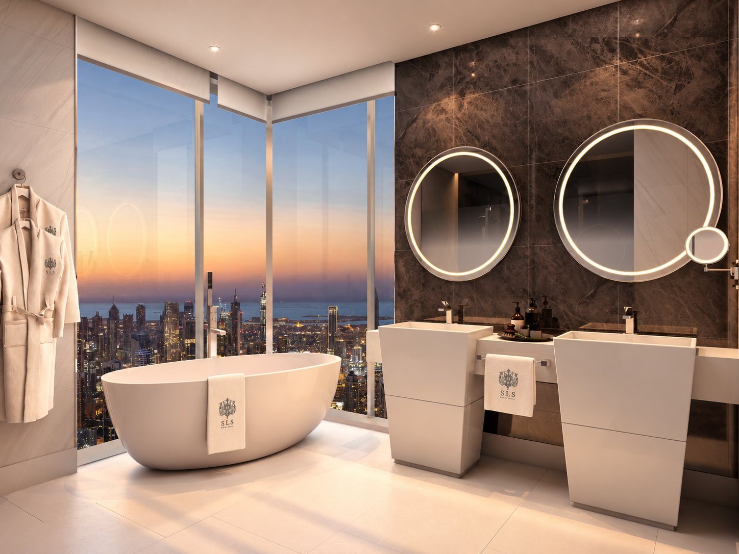 Bathroom with freestanding bath and city view
