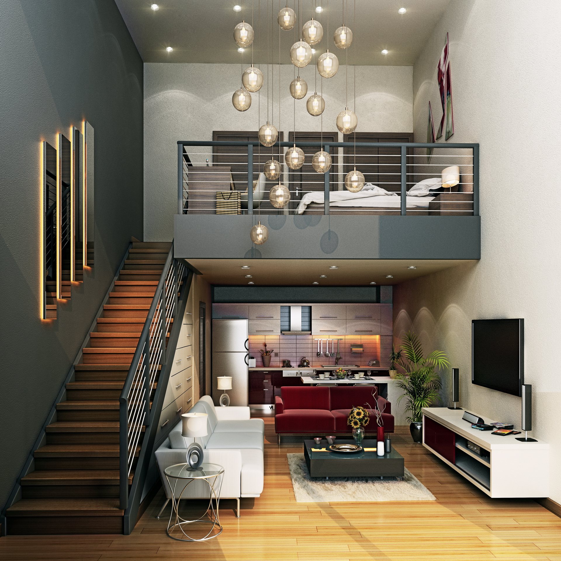 Double-height living space and mezzanine